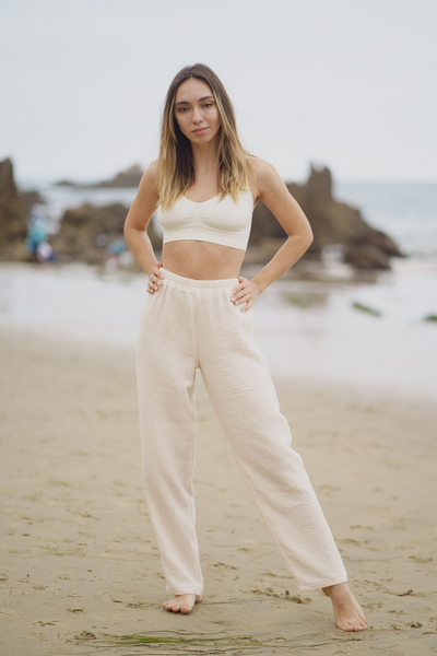 sandara, boho pants, women pants, double layers gauze cotton pants, high waisted pants, muslin pants women, loose pants, straight-leg pants, made in USA pants, ivory pants, white pants, sustainable clothes, beach pants, summer pants, minimalist pants, minimalist wardrobe, loose fit pants, yoga pants, meditation pants
