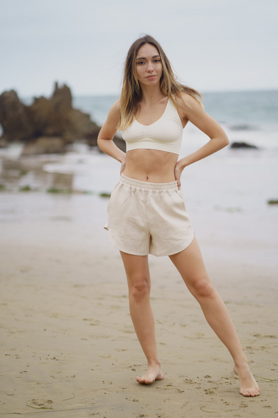 linen shorts women, flax shorts, summer shorts, beach shorts, workout shots, minimalist shorts, sustainable shorts, linen shorts us, beige linen shorts, breathable shorts, loose linen shorts, high elastic waist shorts,  waist shorts, dolphin shorts, sleepwear shorts, loungewear shorts, relax at home shorts, sandara