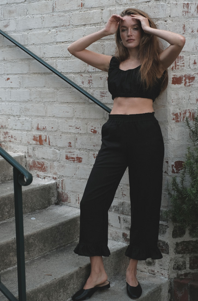 linen black capri ruffled pants, linen black crop top