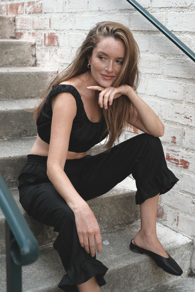 linen black capri ruffled pants, linen black crop top