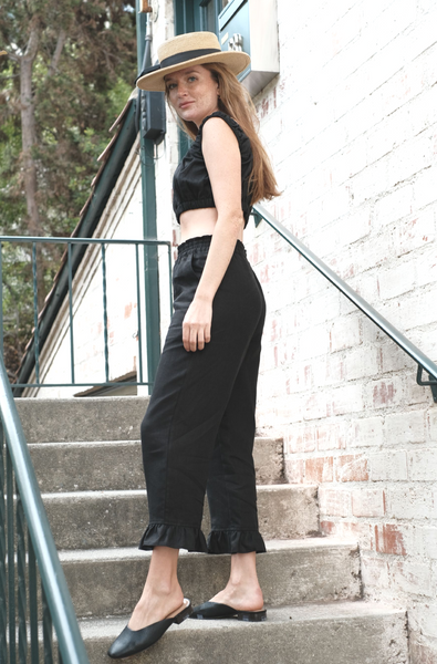 linen black capri ruffled pants, linen black crop top