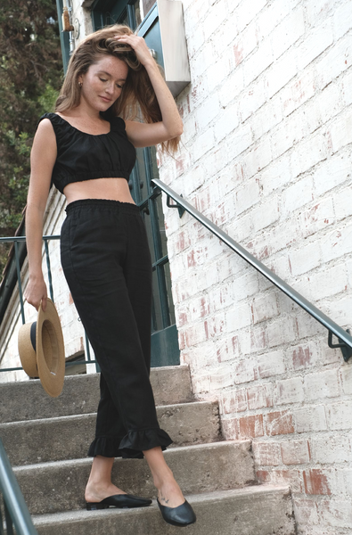 linen black capri ruffled pants, linen black crop top