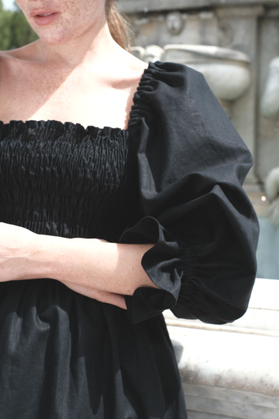 sandara, linen midi dress, puffy dress, romantic dress, casual dress, party dress, holiday dress, french dress, cottagecore dress, off shoulder dress, victorian dress, sustainable dress, usa made dress, black linen dress, lavender purple linen dress, fall dress, milkmaid dress black, black wedding dress, slow fashion