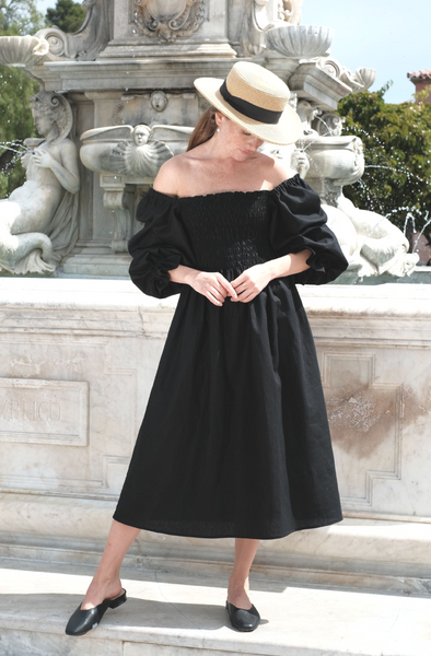 sandara, linen midi dress, puffy dress, romantic dress, casual dress, party dress, holiday dress, french dress, cottagecore dress, off shoulder dress, victorian dress, sustainable dress, usa made dress, black linen dress, lavender purple linen dress, fall dress, milkmaid dress black, black wedding dress, slow fashion