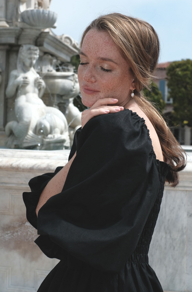 sandara, linen midi dress, puffy dress, romantic dress, casual dress, party dress, holiday dress, french dress, cottagecore dress, off shoulder dress, victorian dress, sustainable dress, usa made dress, black linen dress, lavender purple linen dress, fall dress, milkmaid dress black, black wedding dress, slow fashion