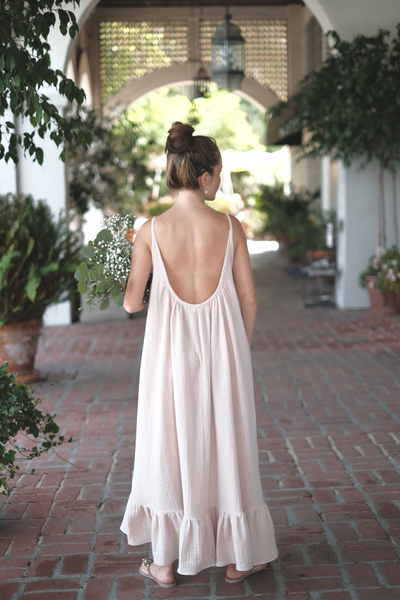 sandara, gauze dress, maxi slip dress, low back dress, ruffled hem dress, gauze cotton dress, dress for date, dress for party, made in usa dress, sleeveless dress, bohemian dress, beach wedding dress, cami dress, open back dress, backless slip dress, black slip dress, rose maxi dress, beach dress, wedding guest dress