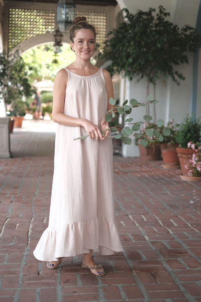 sandara, gauze dress, maxi slip dress, low back dress, ruffled hem dress, gauze cotton dress, dress for date, dress for party, made in usa dress, sleeveless dress, bohemian dress, beach wedding dress, cami dress, open back dress, backless slip dress, black slip dress, rose maxi dress, beach dress, wedding guest dress