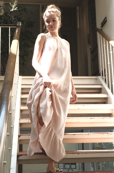 sandara, gauze dress, maxi slip dress, low back dress, ruffled hem dress, gauze cotton dress, dress for date, dress for party, made in usa dress, sleeveless dress, bohemian dress, beach wedding dress, cami dress, open back dress, backless slip dress, black slip dress, rose maxi dress, beach dress, wedding guest dress
