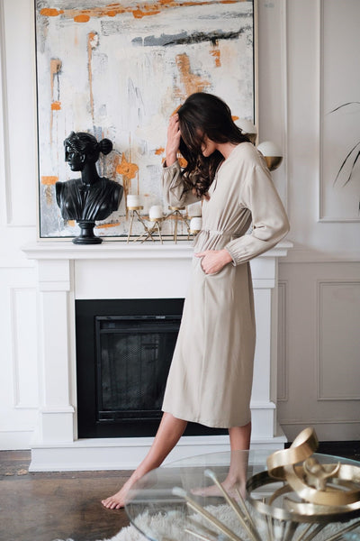 sandara, tencel dress, women midi dress, buttoned dress, classic dress, beige midi dress, black midi dress, sustainable dress, midi dress usa, minimalist dress, fall dress women, dress long sleeve, maternity dress, office dress, eco friendly dress