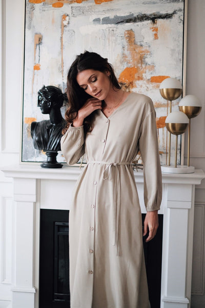 sandara, tencel dress, women midi dress, buttoned dress, classic dress, beige midi dress, black midi dress, sustainable dress, midi dress usa, minimalist dress, fall dress women, dress long sleeve, maternity dress, office dress, eco friendly dress