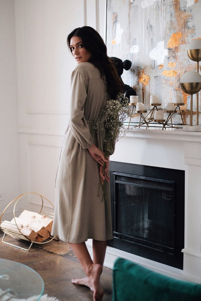 sandara, tencel dress, women midi dress, buttoned dress, classic dress, beige midi dress, black midi dress, sustainable dress, midi dress usa, minimalist dress, fall dress women, dress long sleeve, maternity dress, office dress, eco friendly dress