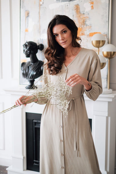 sandara, tencel dress, women midi dress, buttoned dress, classic dress, beige midi dress, black midi dress, sustainable dress, midi dress usa, minimalist dress, fall dress women, dress long sleeve, maternity dress, office dress, eco friendly dress