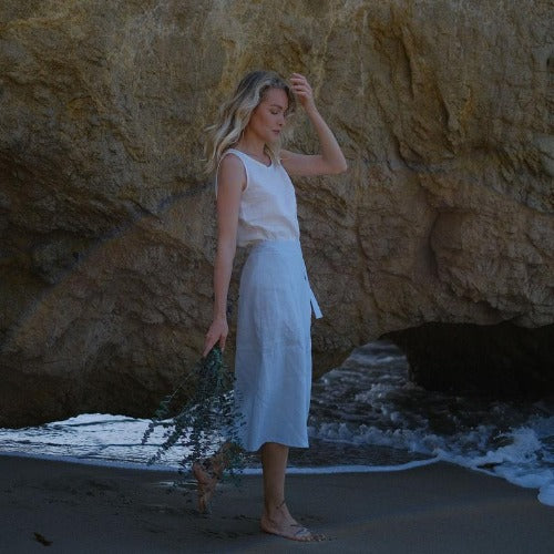 sandara, women midi skirt, linen wrap skirt, midi skirt, classic wrap skirt, high waist skirt, linen clothes, minimalist skirt, made in usa skirt, sustainable skirt, sustainable clothes, eco skirt, minimalist skirt, basic skirt, office skirt, blue skirt, all seasons skirt, a line skirt, linen clothes made in usa