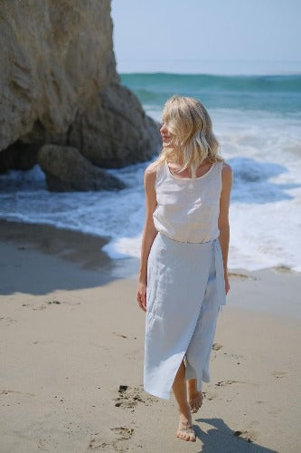 sandara, women midi skirt, linen wrap skirt, midi skirt, classic wrap skirt, high waist skirt, linen clothes, minimalist skirt, made in usa skirt, sustainable skirt, sustainable clothes, eco skirt, minimalist skirt, basic skirt, office skirt, blue skirt, all seasons skirt, a line skirt, linen clothes made in usa