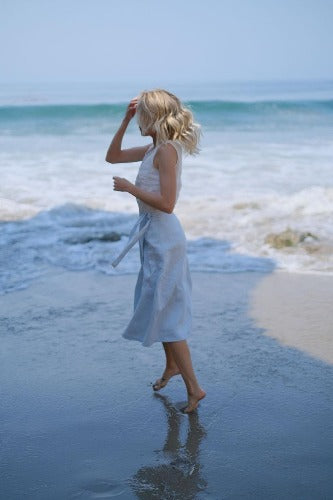 sandara, women midi skirt, linen wrap skirt, midi skirt, classic wrap skirt, high waist skirt, linen clothes, minimalist skirt, made in usa skirt, sustainable skirt, sustainable clothes, eco skirt, minimalist skirt, basic skirt, office skirt, blue skirt, all seasons skirt, a line skirt, linen clothes made in usa