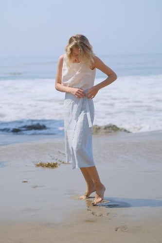 sandara, women midi skirt, linen wrap skirt, midi skirt, classic wrap skirt, high waist skirt, linen clothes, minimalist skirt, made in usa skirt, sustainable skirt, sustainable clothes, eco skirt, minimalist skirt, basic skirt, office skirt, blue skirt, all seasons skirt, a line skirt, linen clothes made in usa