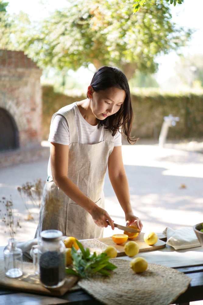 Sunny Yellow 100% Linen Japanese outlet Apron/Ready to Ship/Short Length/Fan or Shell Print